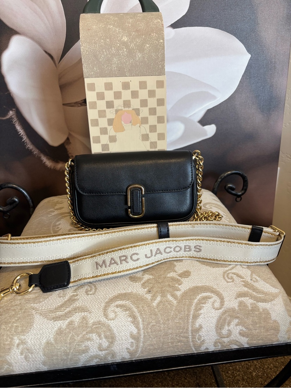 Marc Jacobs Black Leather Crossbody with Gold Chain and Branded Cream Strap
